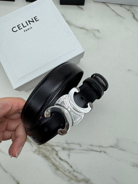 CELINE 凱旋門皮帶黑銀 2.5cm
