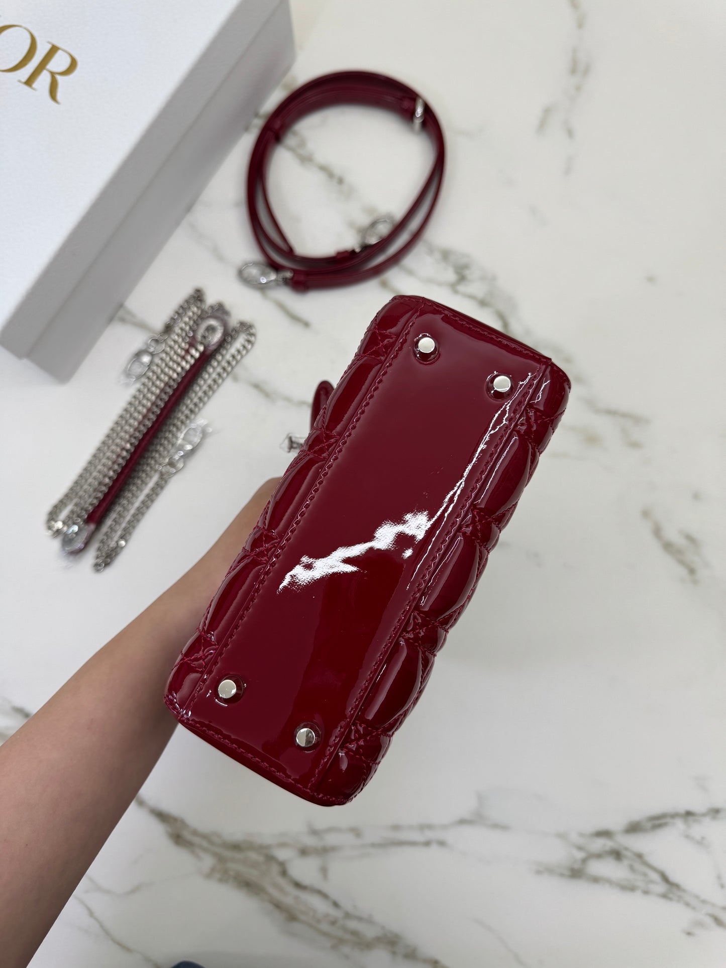 DIOR Mini Lady Dior 漆皮Cherry Red Shinny Calfskin