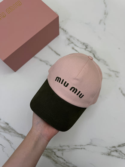 MIU MIU 粉紅拼卡其綠棒球帽