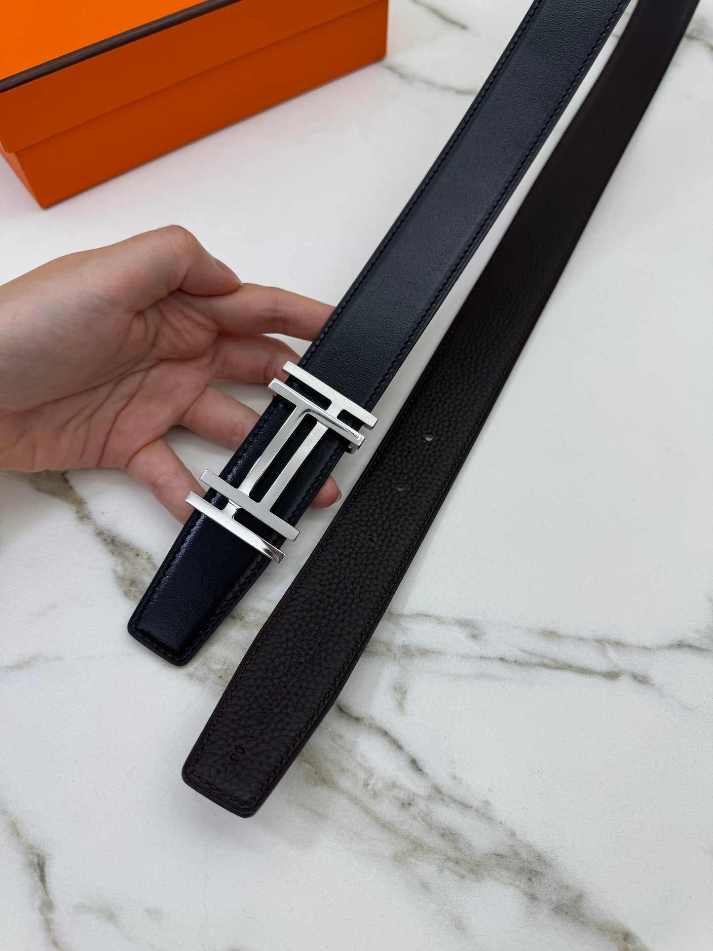 HERMES H au Carre 32mm 雙面皮帶 黑色拼烏木色