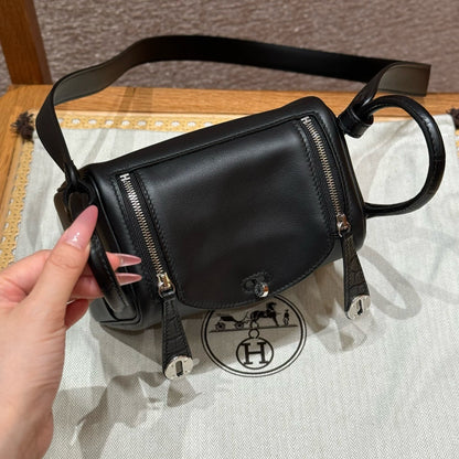 HERMES Mini Lindy Touch 拼鱷魚皮 黑色銀扣 noir