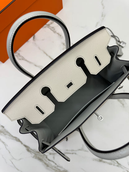 HERMES Birkin 30 SO 珍珠灰拼奶昔白山羊皮 拉絲銀扣 Chevre Mysore Gris Pearl x Craie