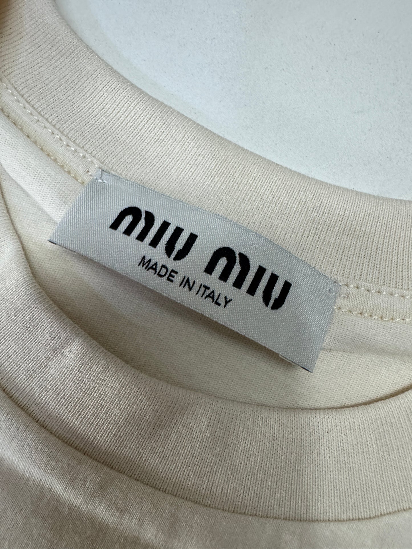 MIU MIU 水鑽Logo 米色T恤