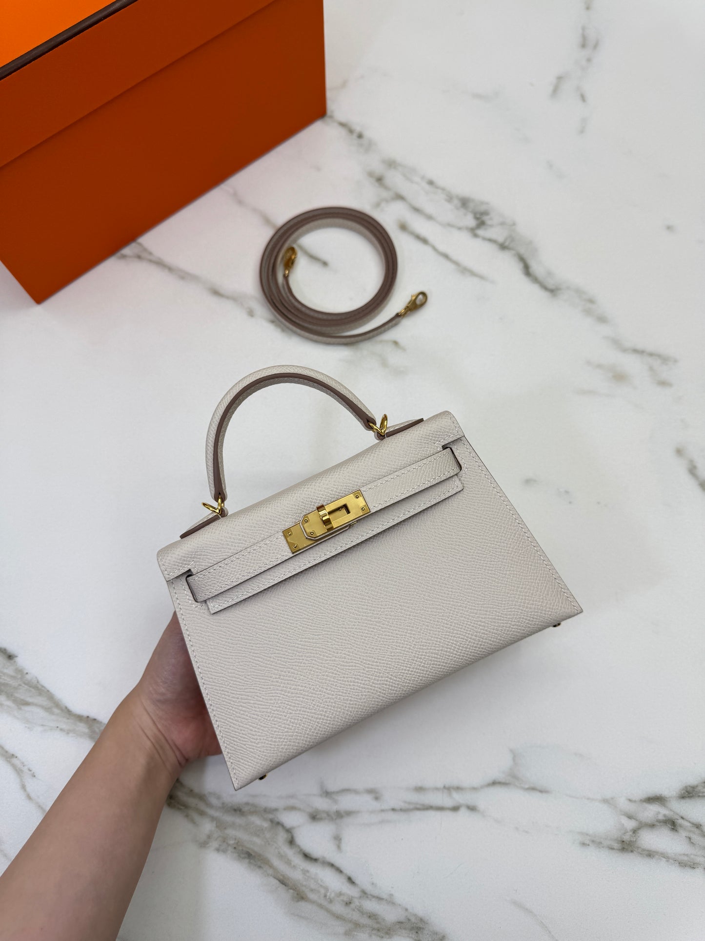 HERMES Mini Kelly II 奶昔白金扣 Epsom GHW