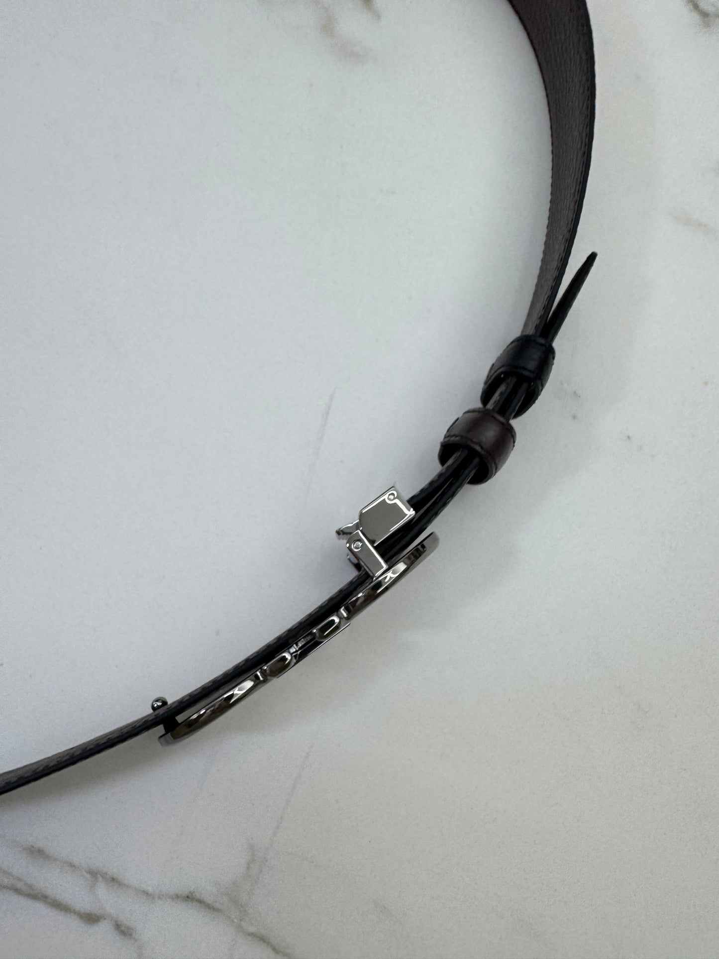FERRAGAMO 雙面皮帶黑銀扣 黑拼深棕