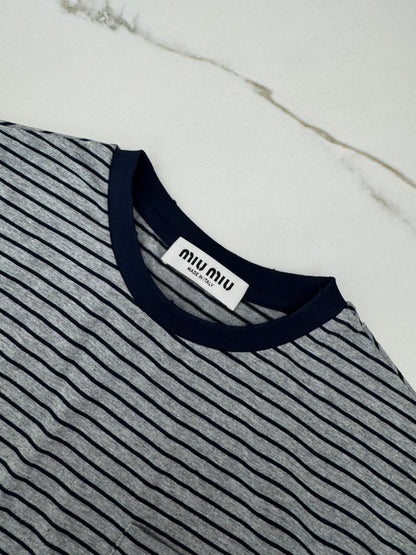 MIU MIU 做舊條紋長袖T恤