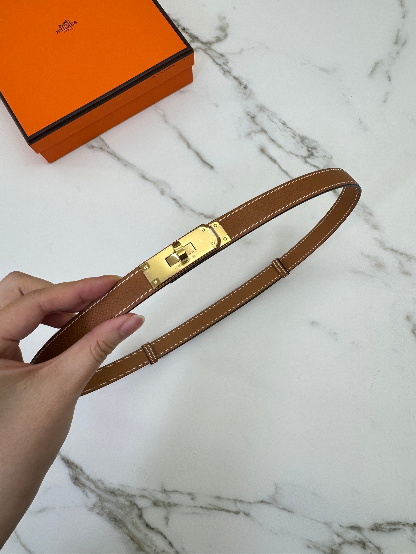 HERMES Kelly 皮帶 金棕金扣 【手縫版】
