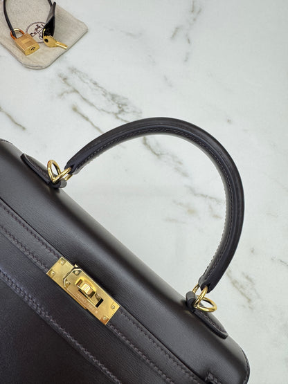HERMES Kelly 25 烏木色Box皮金扣 外縫 Ebene Box Leather Seilier GHW