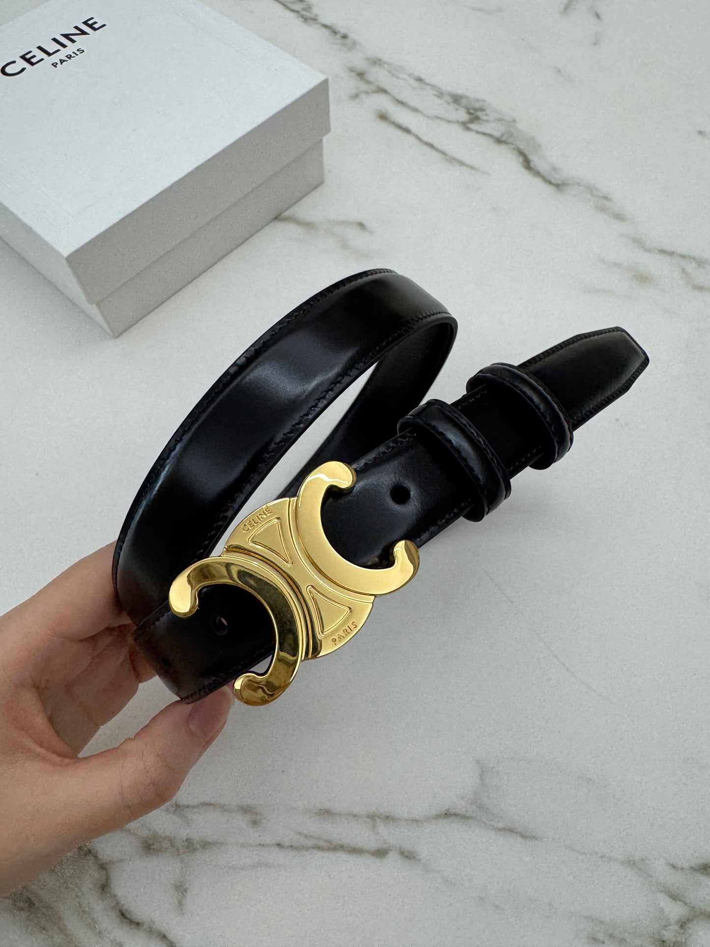 CELINE 凱旋門金扣 2.5cm皮帶 亮面牛皮