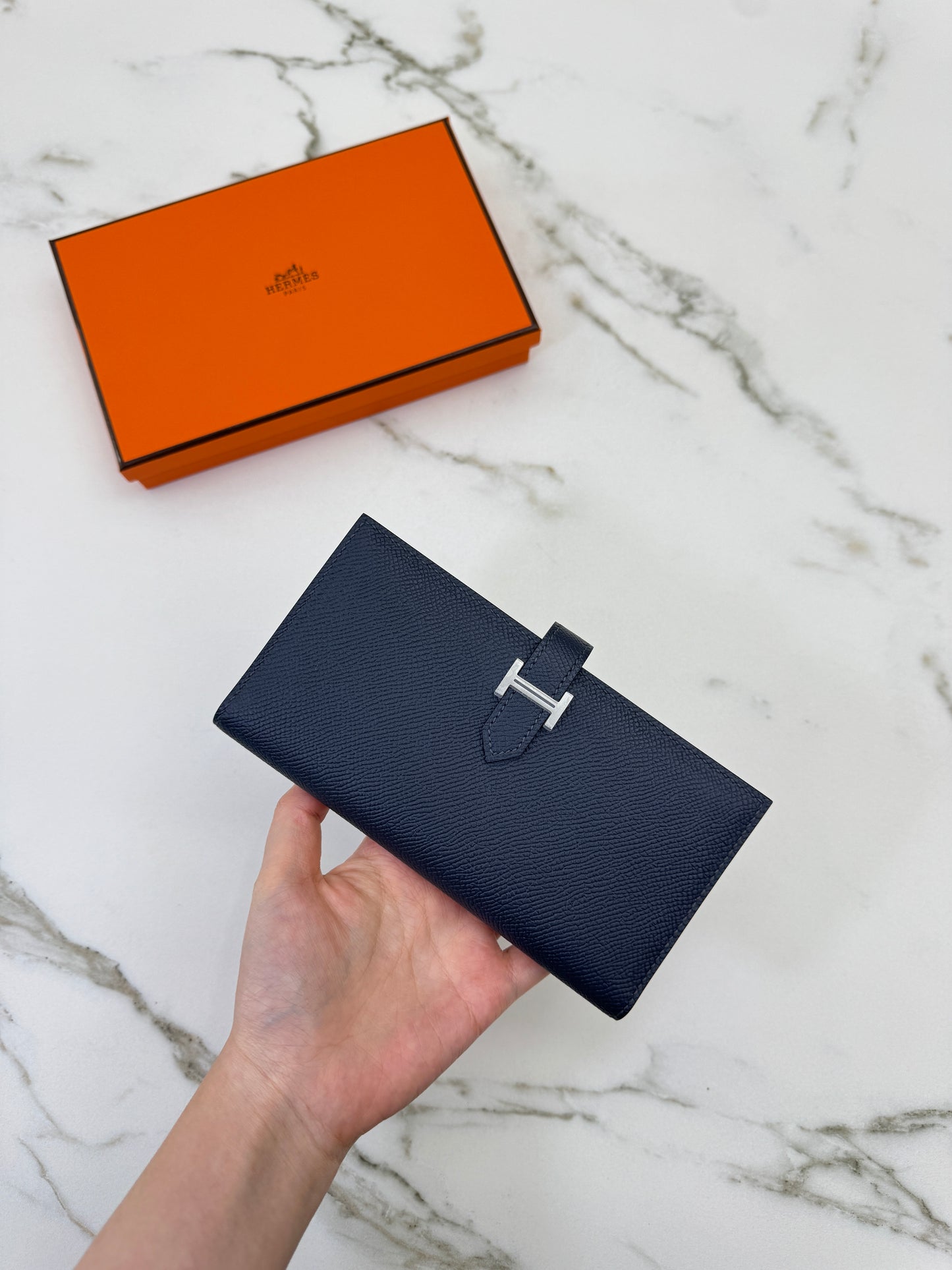 HERMES Bearn Wallet 午夜藍銀扣 Epsom Bleu Nuit PHW