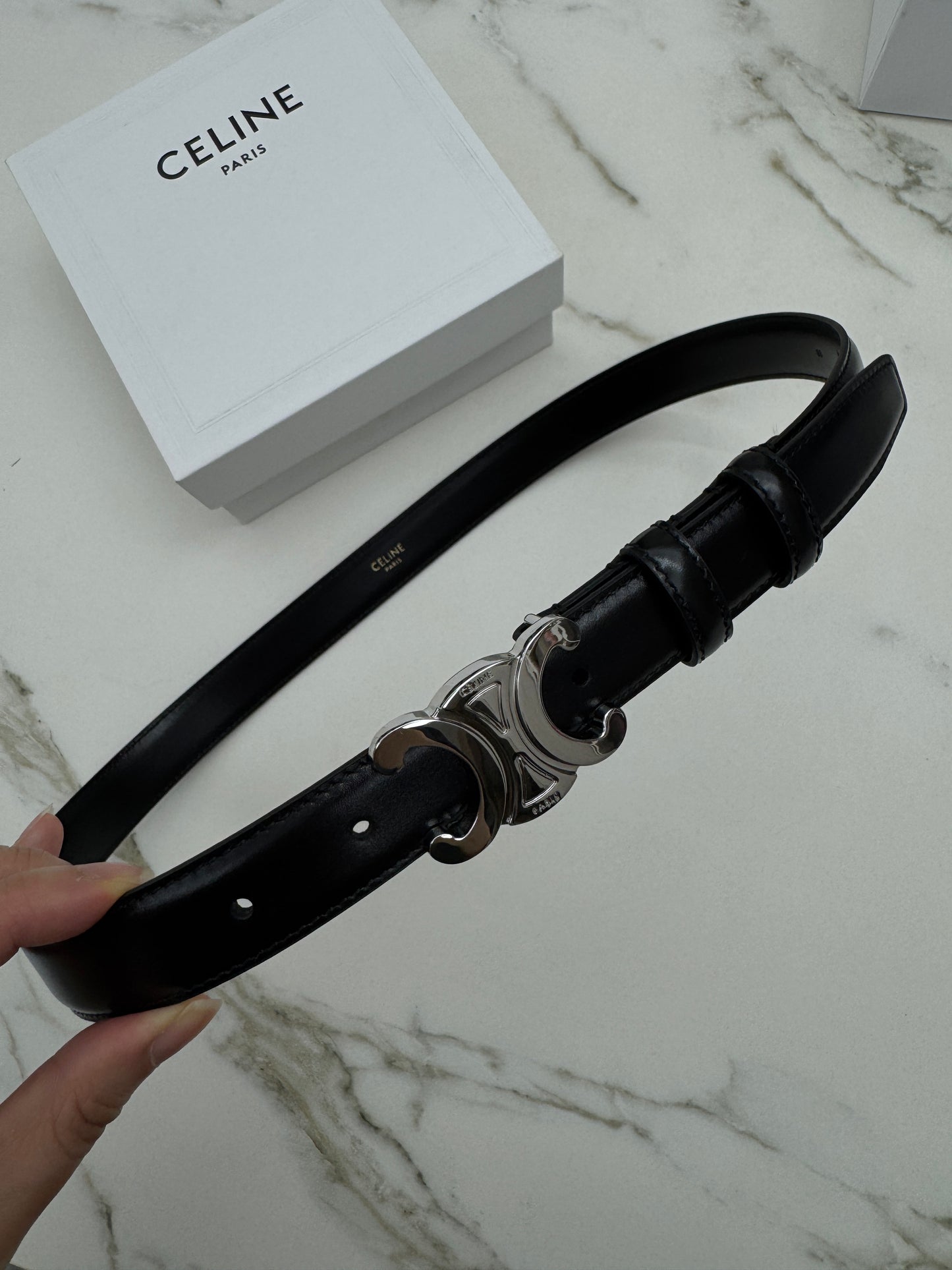 CELINE 凱旋門皮帶黑銀 2.5cm