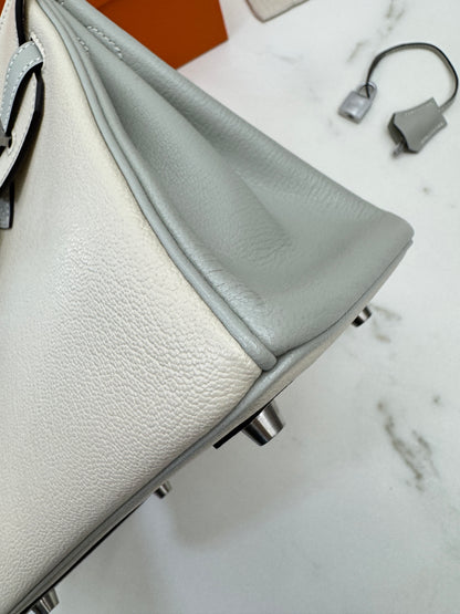 HERMES Birkin 25 SO 奶昔白拼珍珠灰 山羊皮 拉絲銀扣