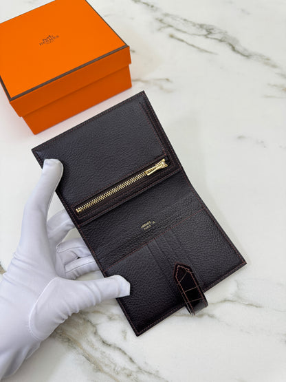 HERMES Bearn Wallet 亮面灣鱷 巧克力色 金扣 Porosus Crocodile Chocolate GHW