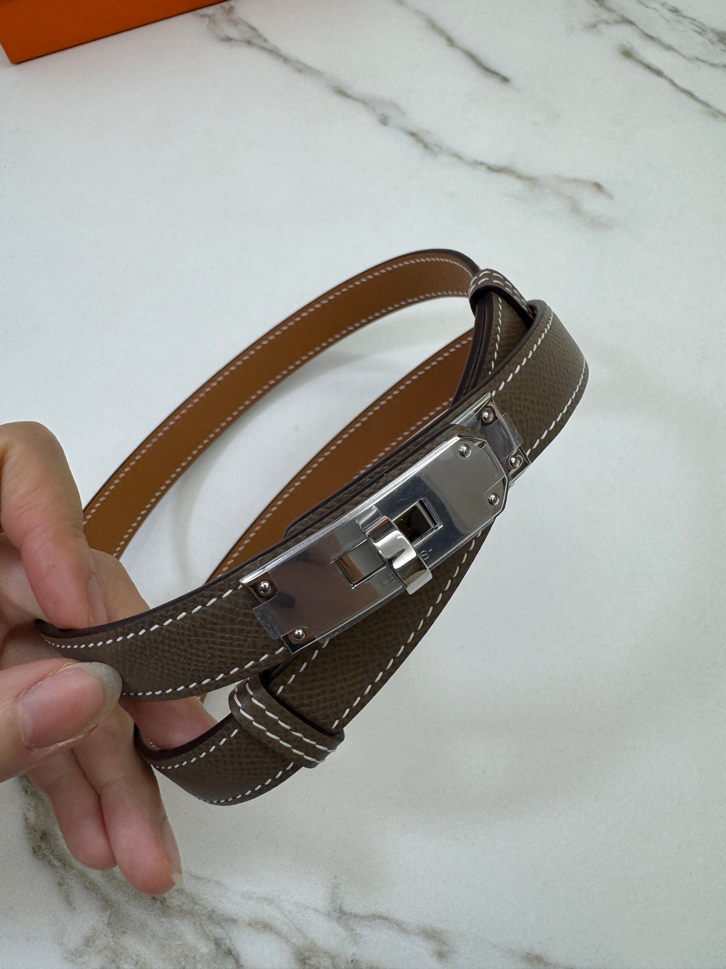 HERMES Kelly Belt 大象灰銀扣（手縫蠟線）