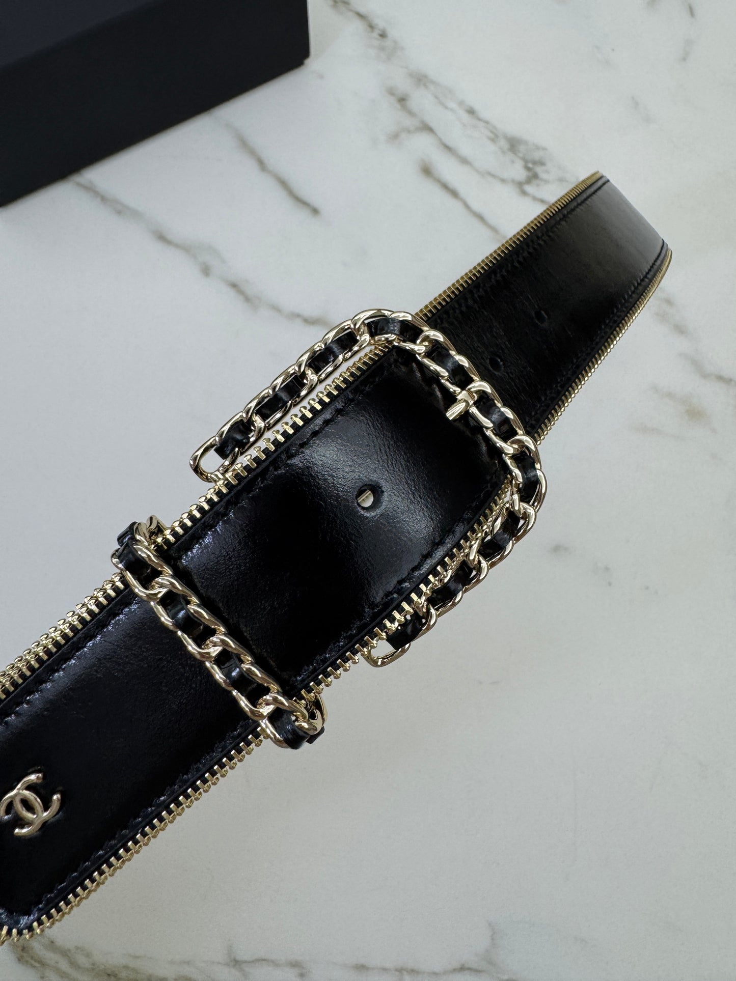 CHANEL 拉鏈皮帶 黑金