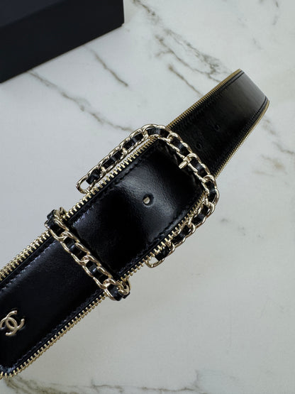 CHANEL 拉鏈皮帶 黑金