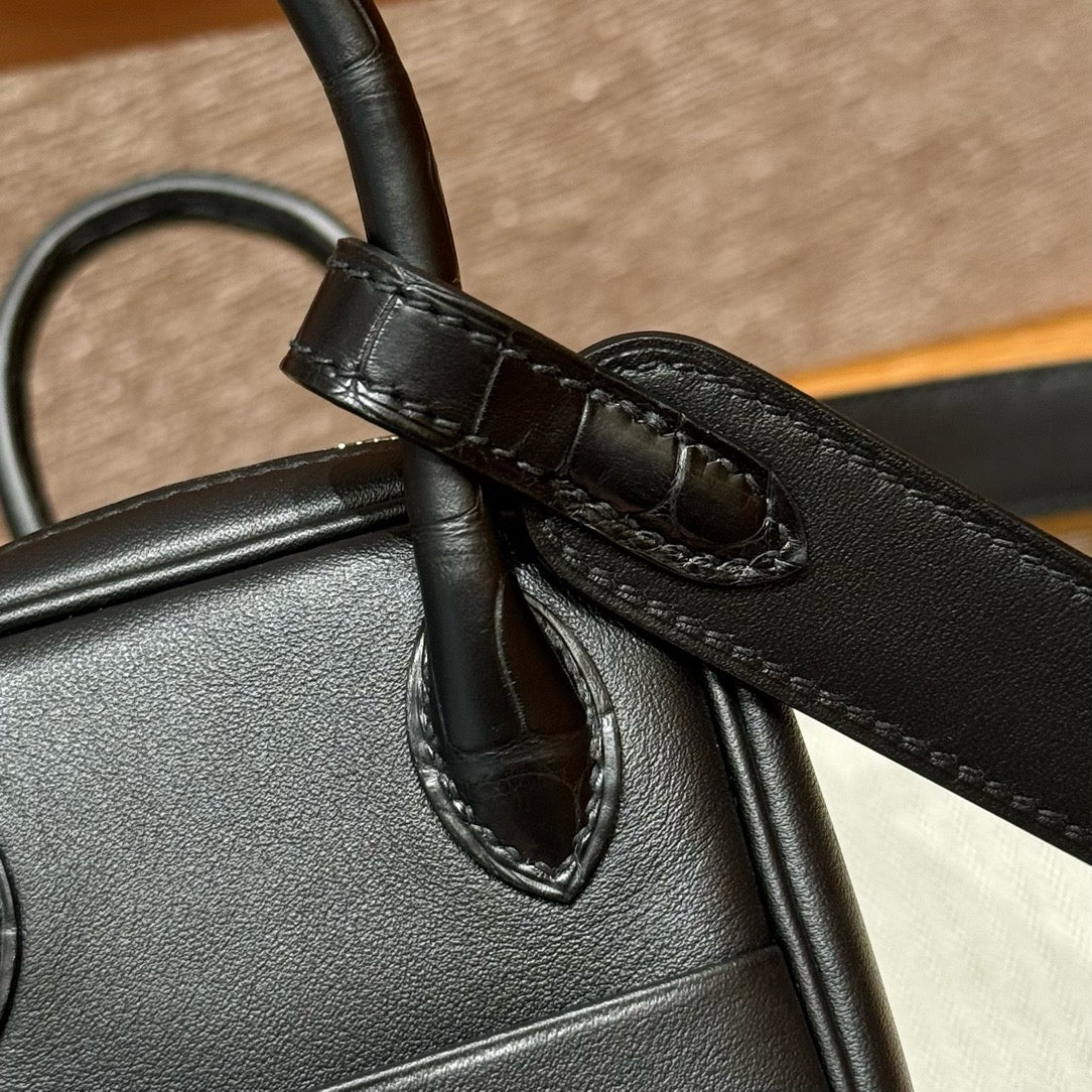 HERMES Mini Lindy Touch 拼鱷魚皮 黑色銀扣 noir