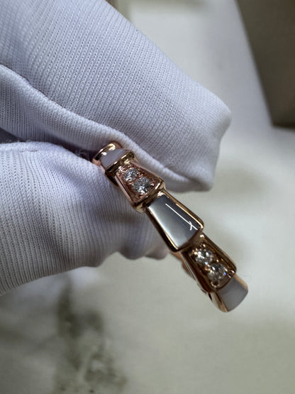 BVLGARI Serpenti 18K玫瑰金 貝母 鑽石戒指【真金真鑽】