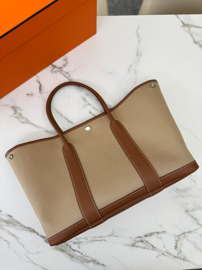 HERMES Garden Party 36 金棕拼風衣灰帆布 Negonda/ Canvas