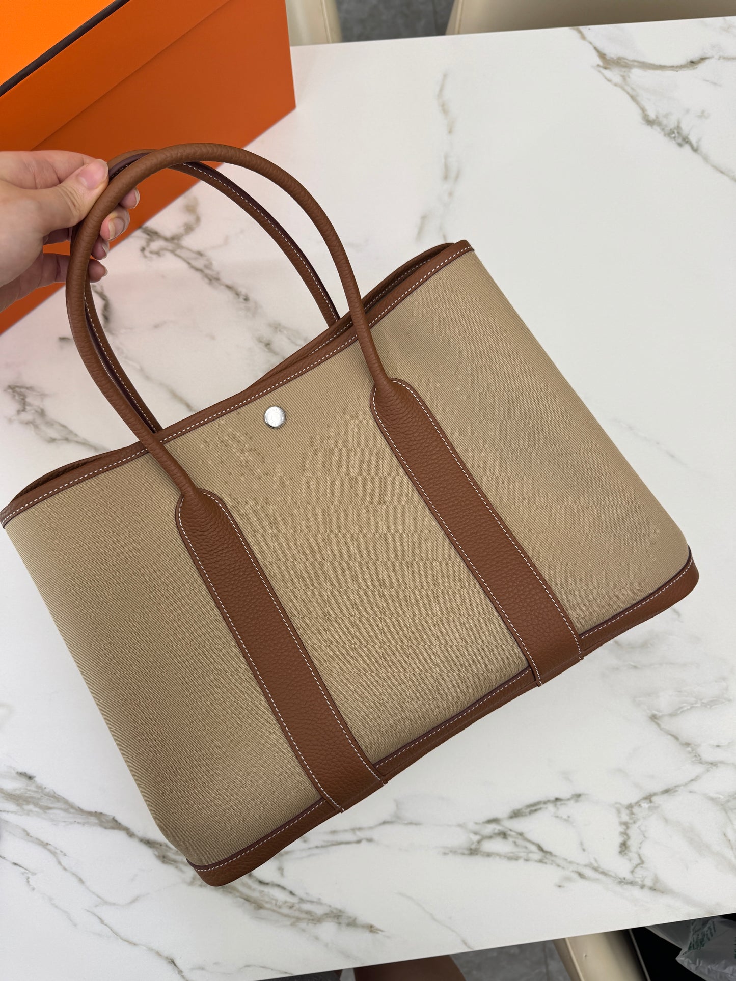 HERMES Garden Party 36 金棕拼風衣灰帆布 Negonda/ Canvas