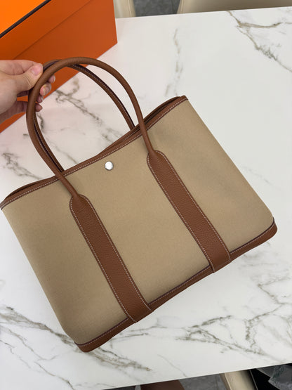 HERMES Garden Party 36 金棕拼風衣灰帆布 Negonda/ Canvas