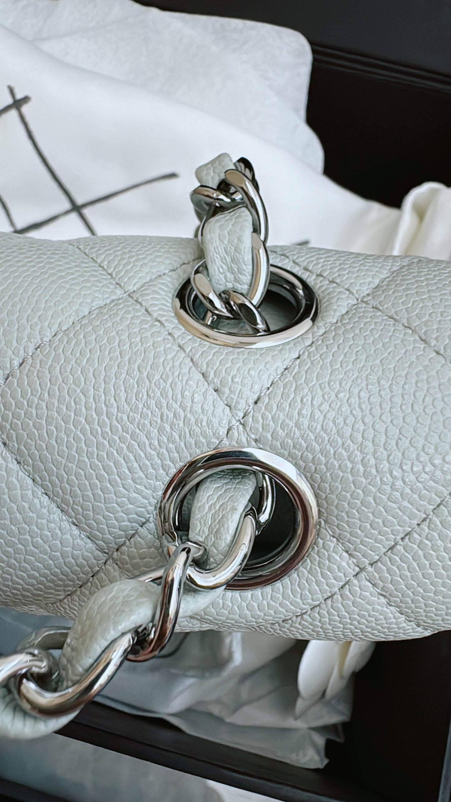 CHANEL CF23 淺灰藍色 魚子醬牛皮 銀扣