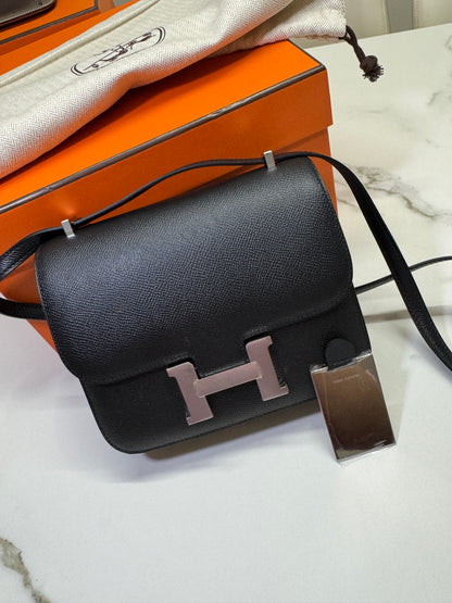 HERMES Mini Constance 新版 附鏡子 黑銀 Epsom PHW