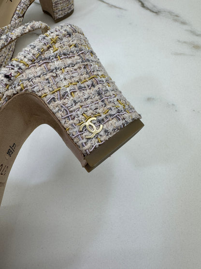 CHANEL 21P 杏色拼米黃紫Tweed Slingback