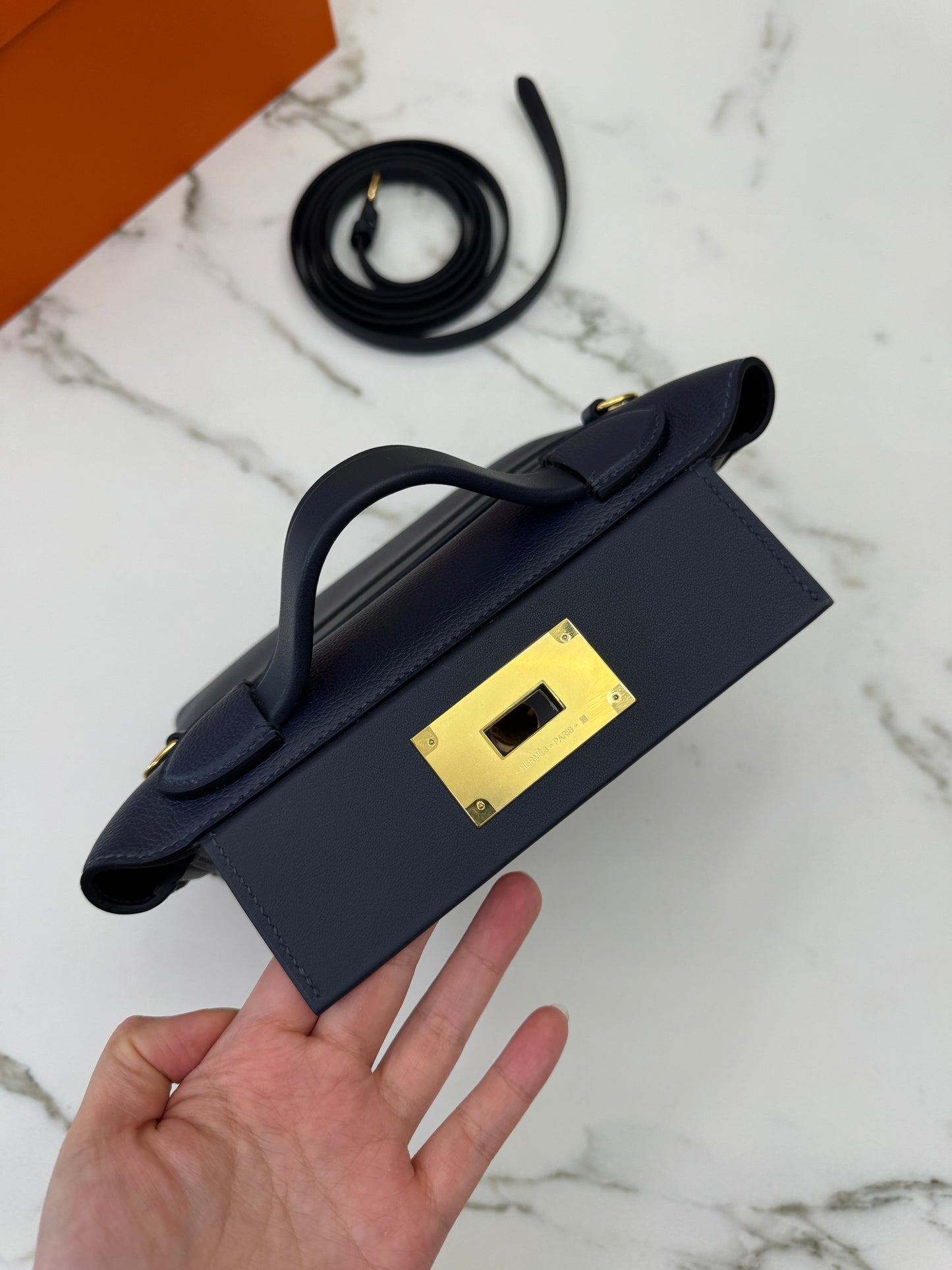 HERMES Mini 2424 午夜藍金扣 Evercolor 2Z Bleu Nuit GHW