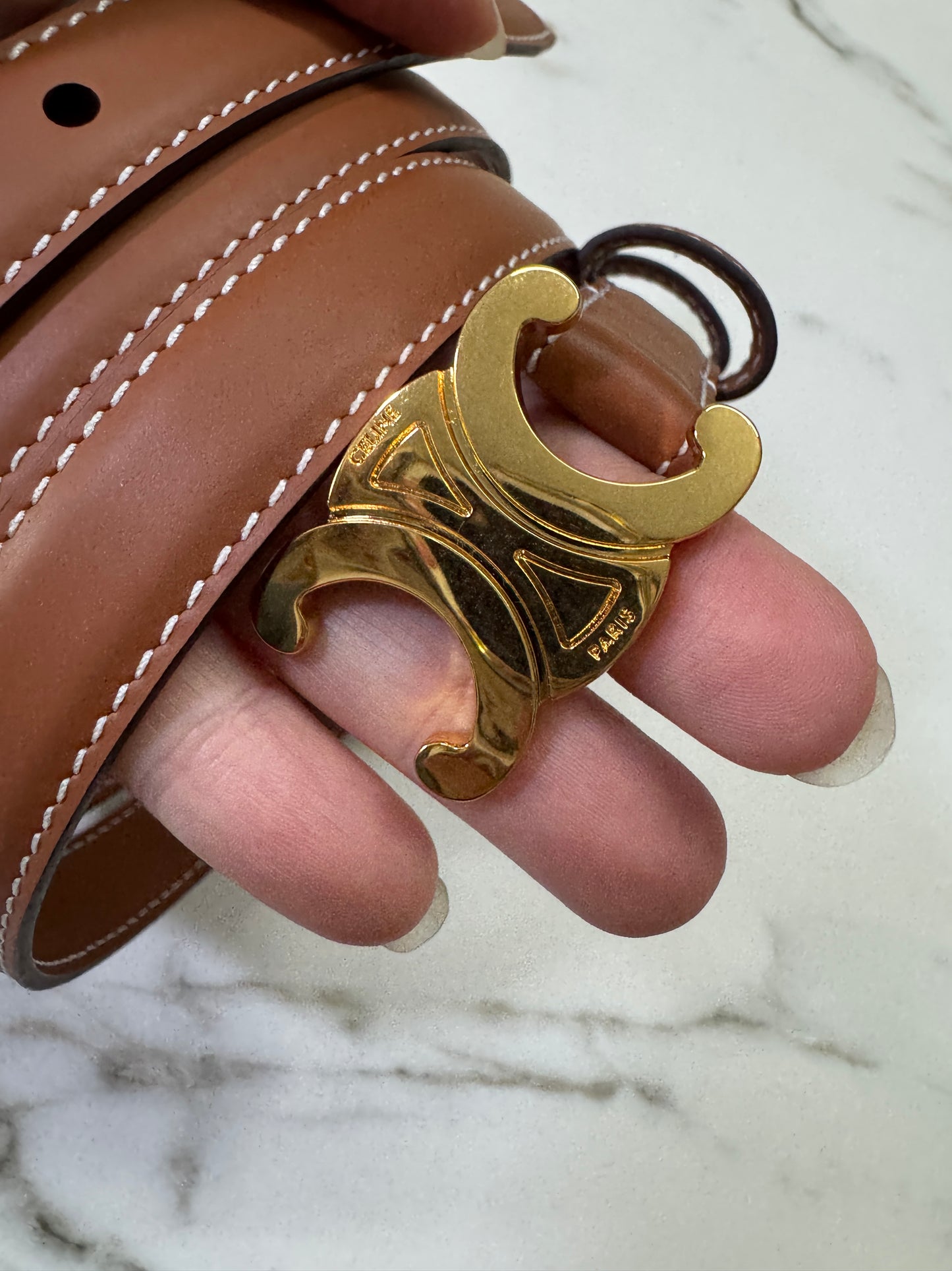 CELINE Triomphe 凱旋門皮帶1.8cm 金扣 棕色