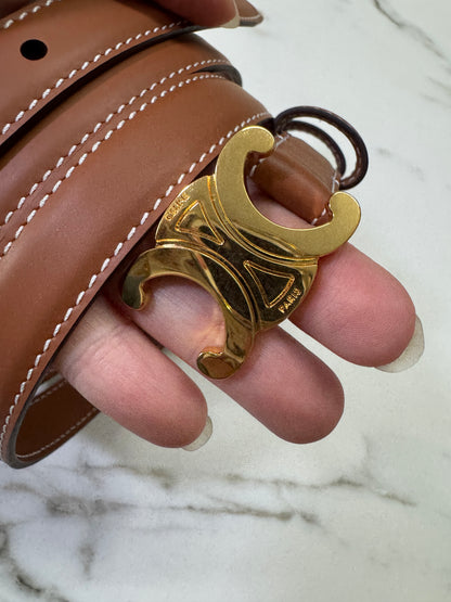 CELINE Triomphe 凱旋門皮帶1.8cm 金扣 棕色