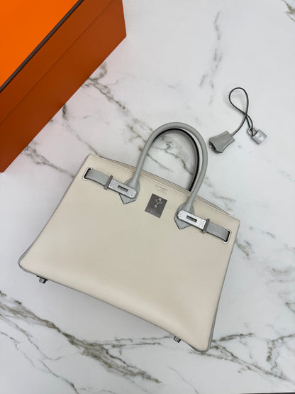 HERMES Birkin 30 SO 珍珠灰拼奶昔白山羊皮 拉絲銀扣 Chevre Mysore Gris Pearl x Craie