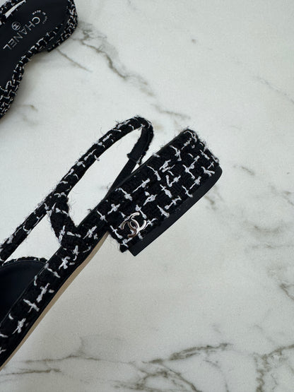 CHANEL Slingback Tweed 黑白粗花呢