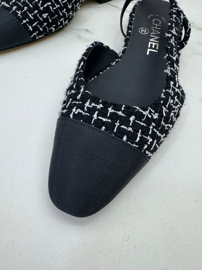 CHANEL Slingback Tweed 黑白粗花呢