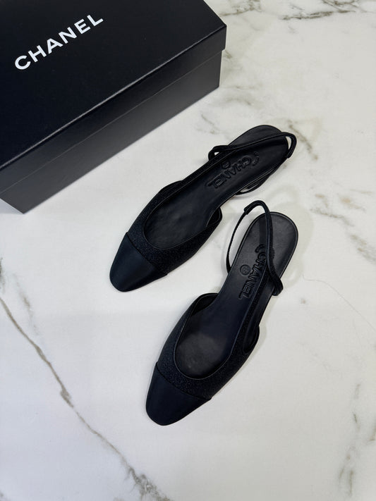 CHANEL 黑色細閃 Slingback