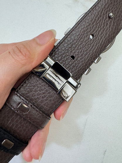 FERRAGAMO 雙面皮帶黑銀扣 黑拼深棕