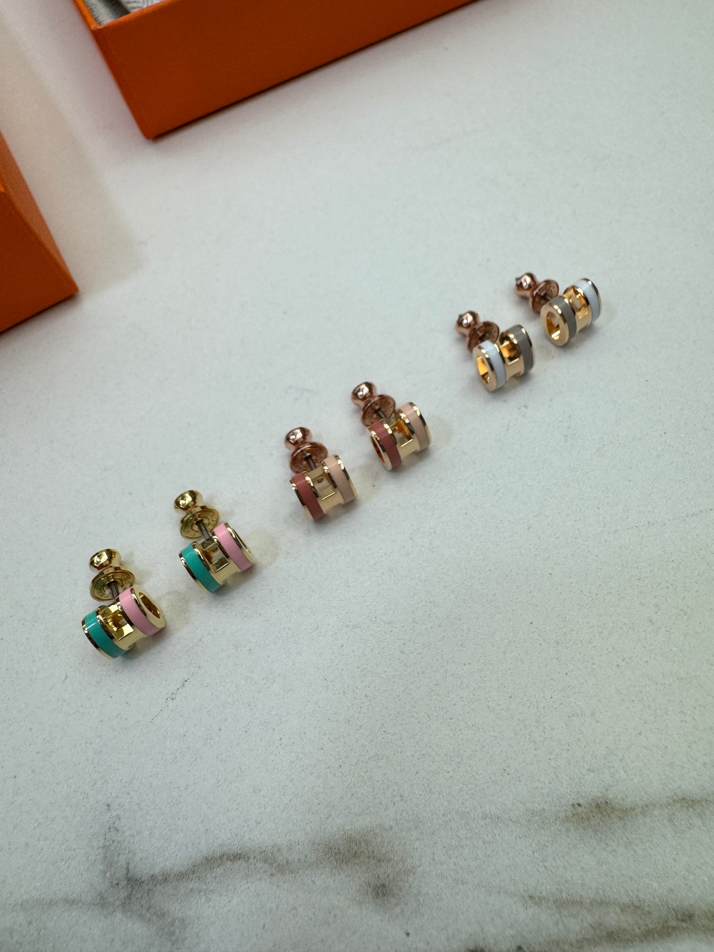 HERMES Mini Pop H 耳釘 淺粉拼粉紅