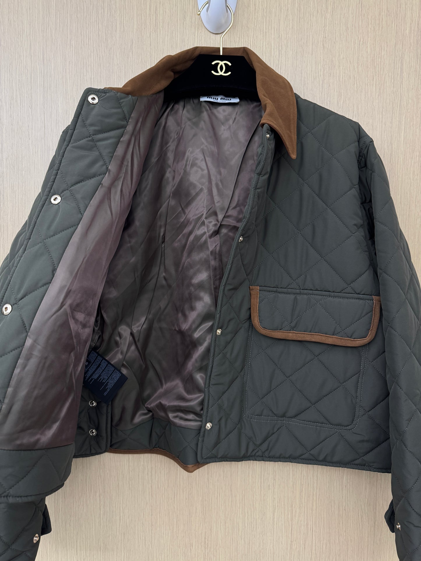 MIU MIU 麂皮領夾棉短外套 軍綠藍