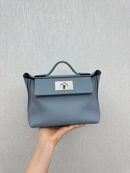 HERMES Mini 2424 亞麻藍銀扣 Evercolor Blue Lin PHW