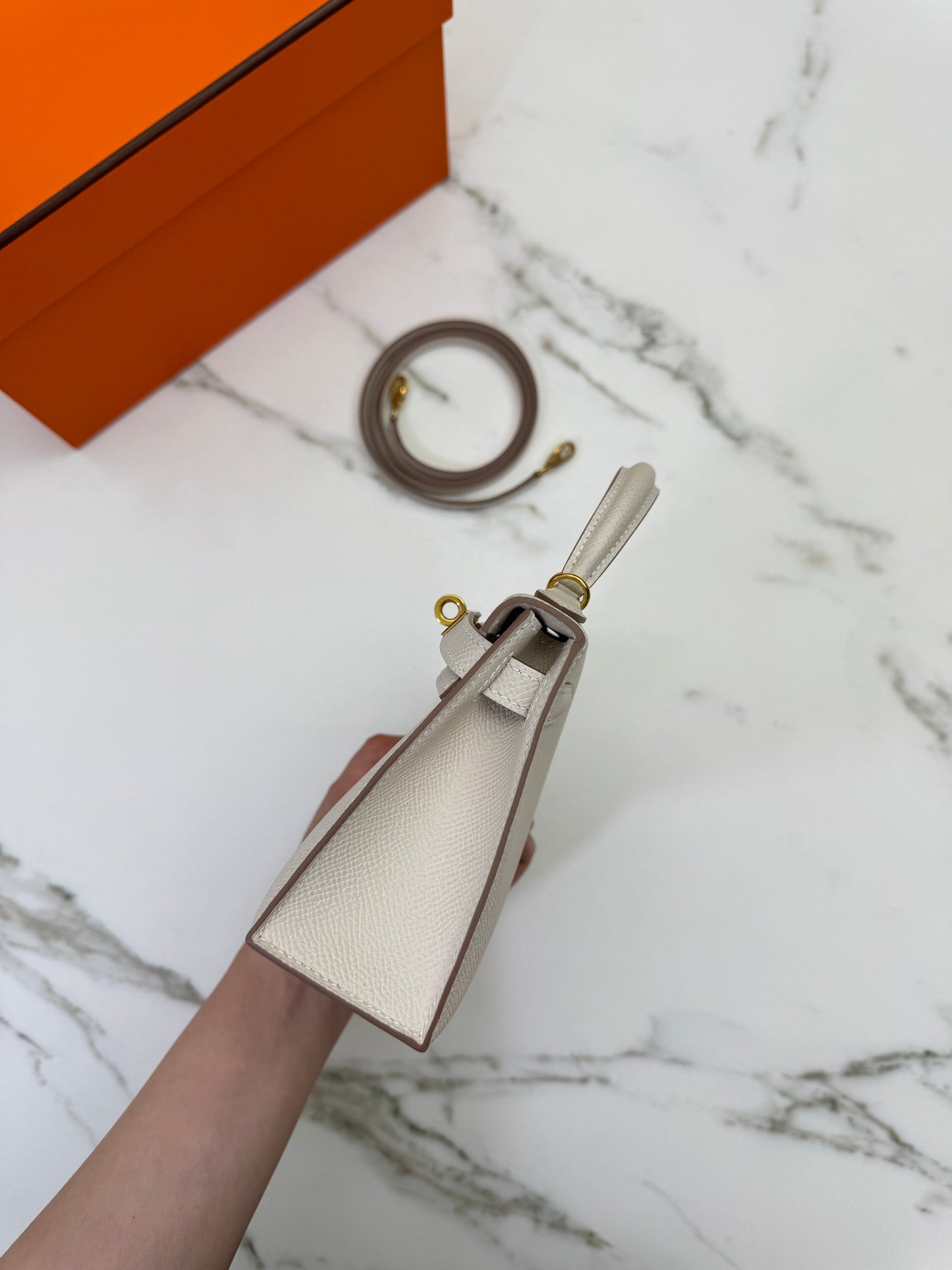 HERMES Mini Kelly II 奶昔白金扣 Epsom GHW