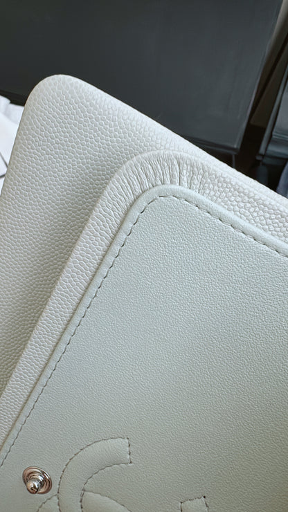 CHANEL CF23 淺灰藍色 魚子醬牛皮 銀扣