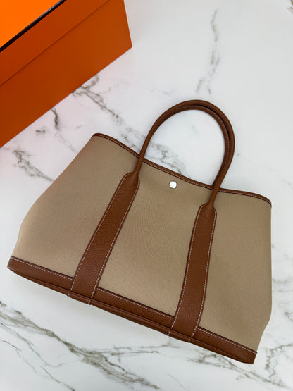 HERMES Garden Party 36 金棕拼風衣灰帆布 Negonda/ Canvas