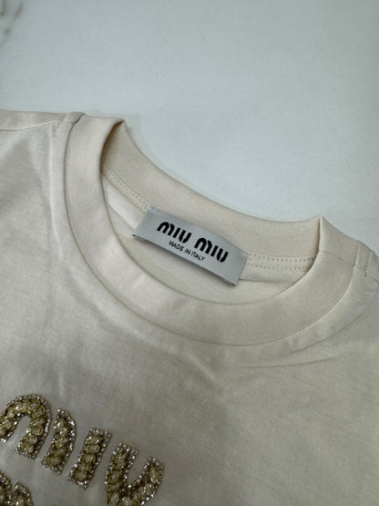 MIU MIU 水鑽Logo 米色T恤
