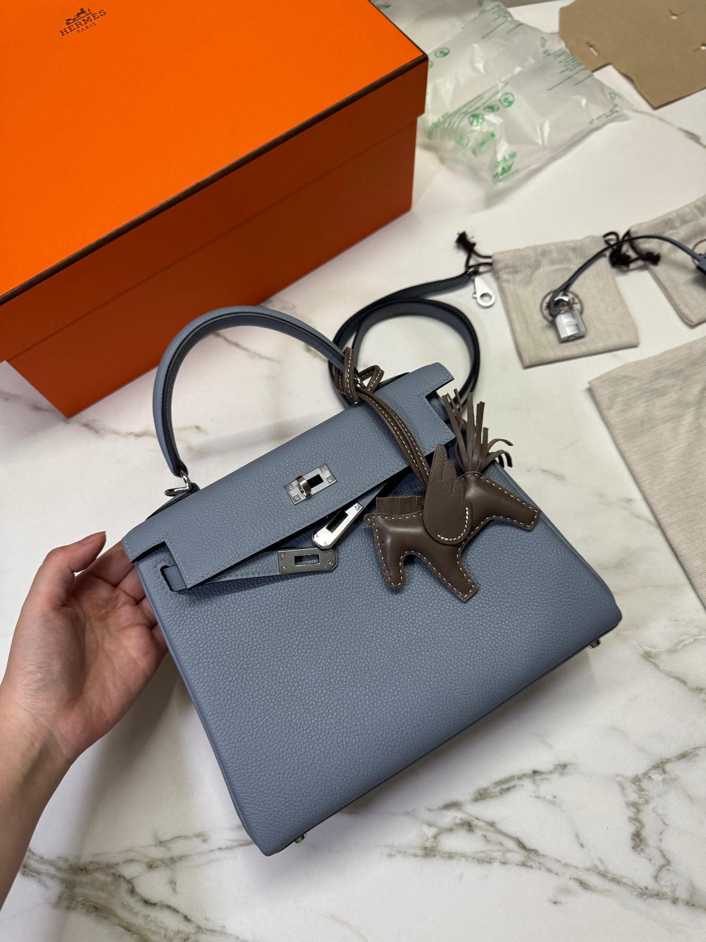 HERMES Kelly 25 亞麻藍 銀扣 內縫 Togo Selier